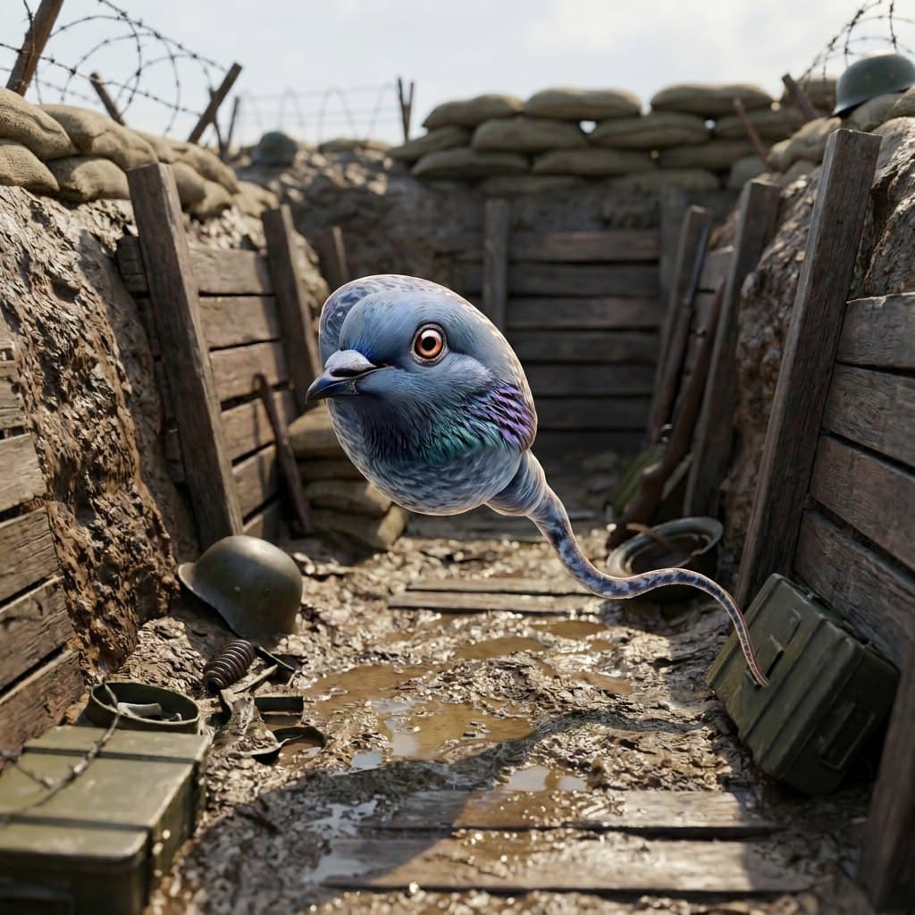 A muddy World War style trench lined with sandbags, barbed wire and ammo crates.